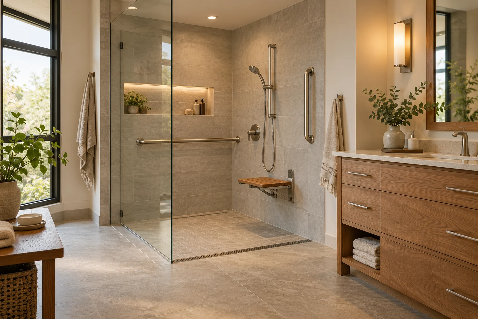 Generated concept of a bright accessible bathroom with a level-entry shower, grab bars, and textured flooring