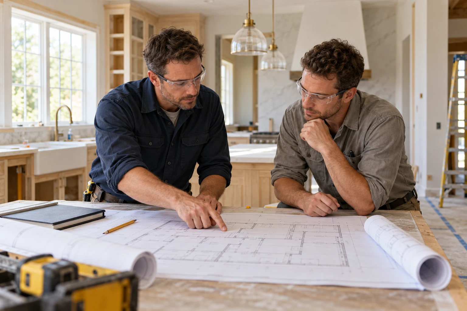 Generated editorial scene of a project manager and a contractor reviewing renovation plans together