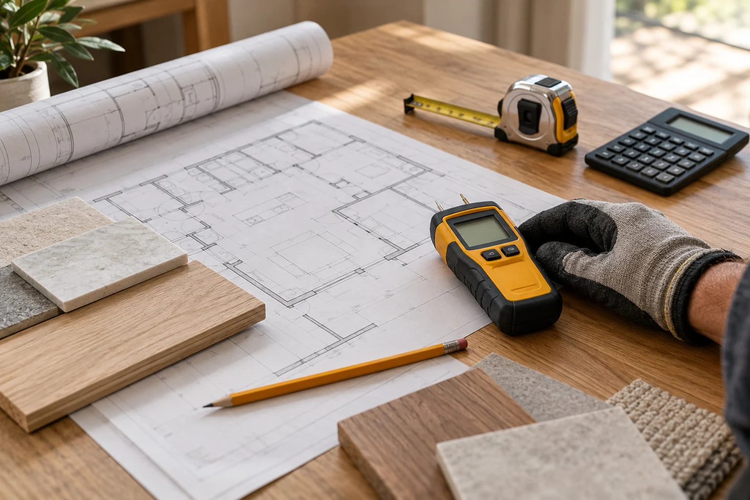Generated editorial still life of construction plans, a moisture meter, a calculator, and finish samples