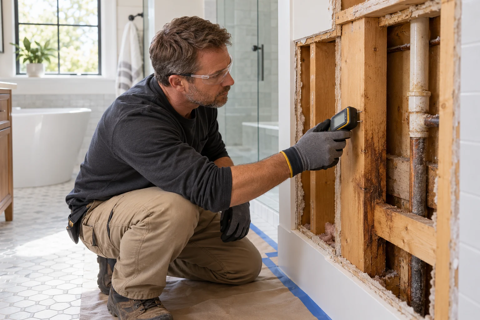 Generated editorial illustration of a contractor checking moisture in exposed bathroom wall framing