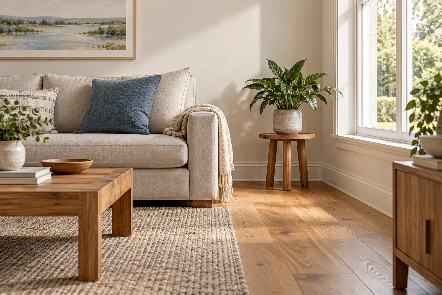 Generated concept of a finished living room illustrating the result of a carefully coordinated restoration