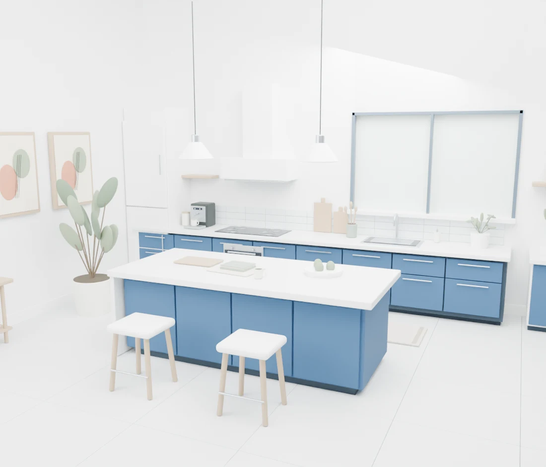A contemporary kitchen with a stone island in the signature blue palette