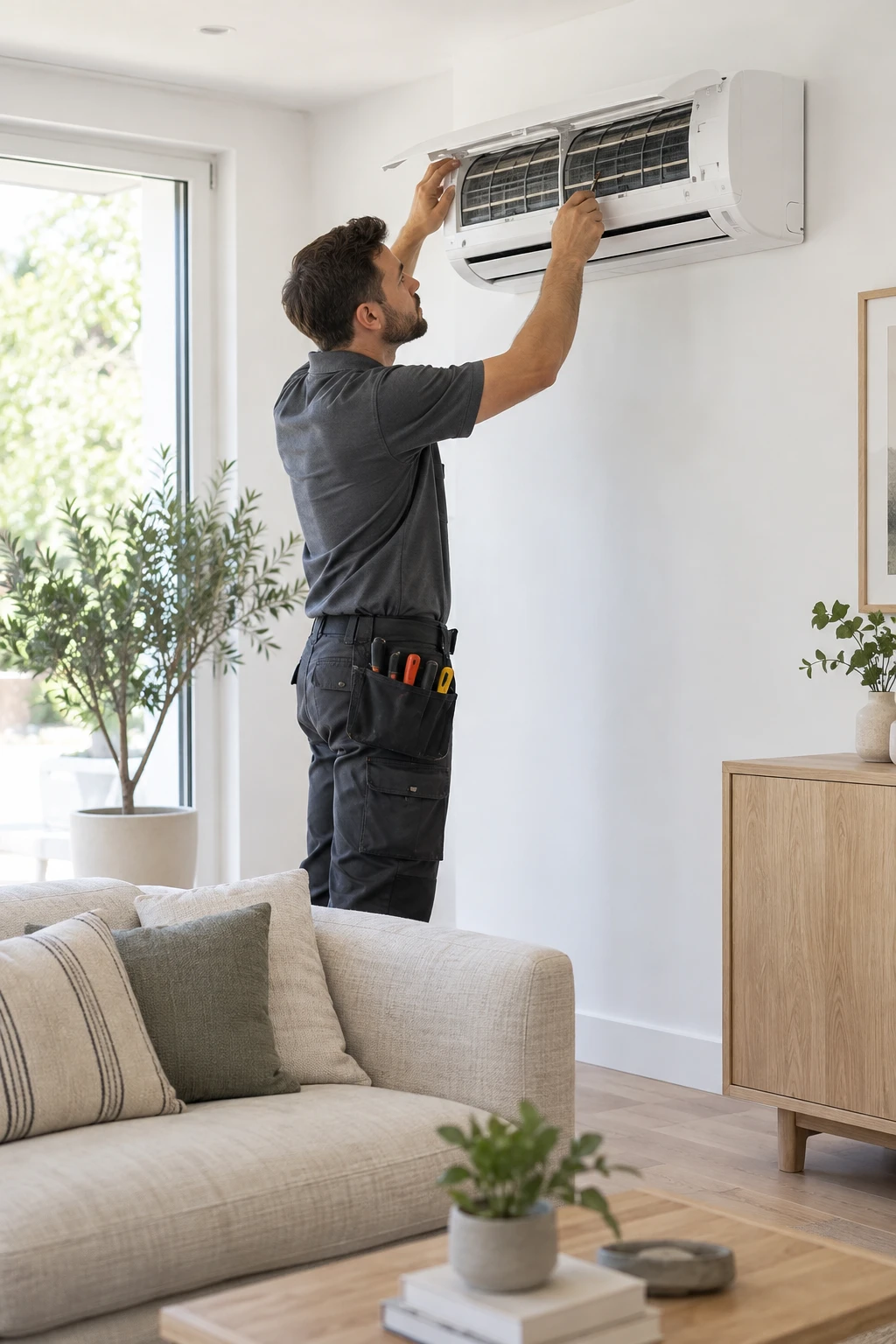 Illustrative technician inspecting an air conditioner in a bright living room