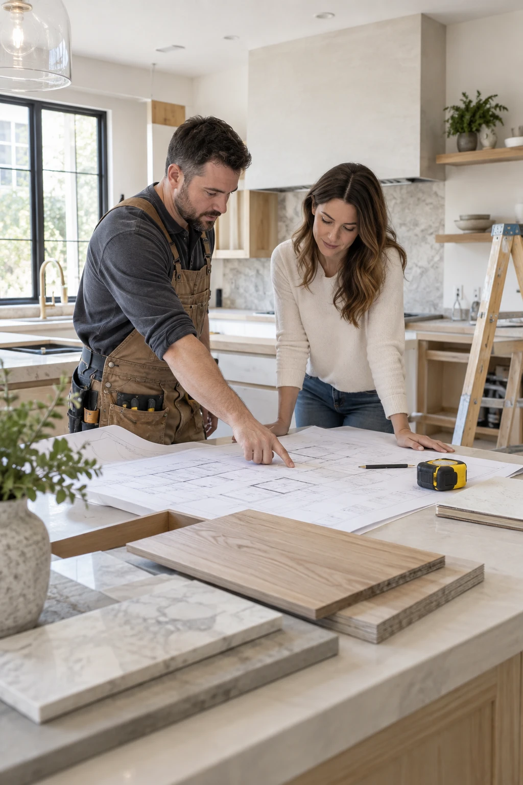 Illustrative professionals reviewing plans in a bright home renovation