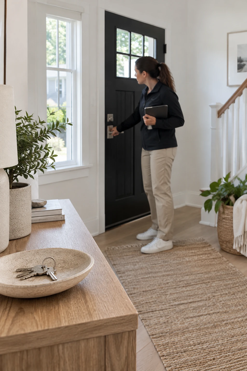 Illustrative home-care professional checking a well-maintained residential entrance