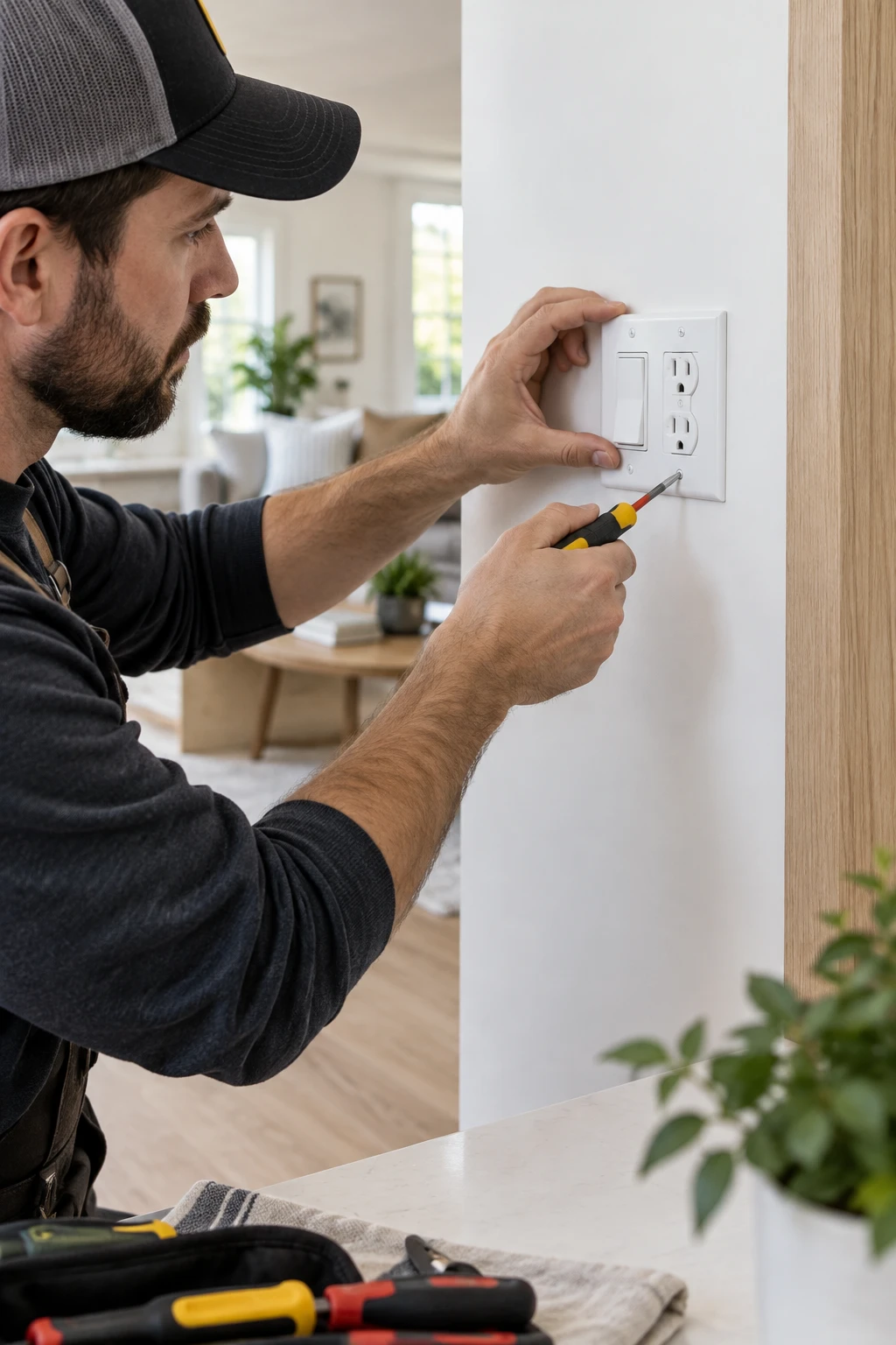 Illustrative technician installing a switch and outlet plate on a white wall