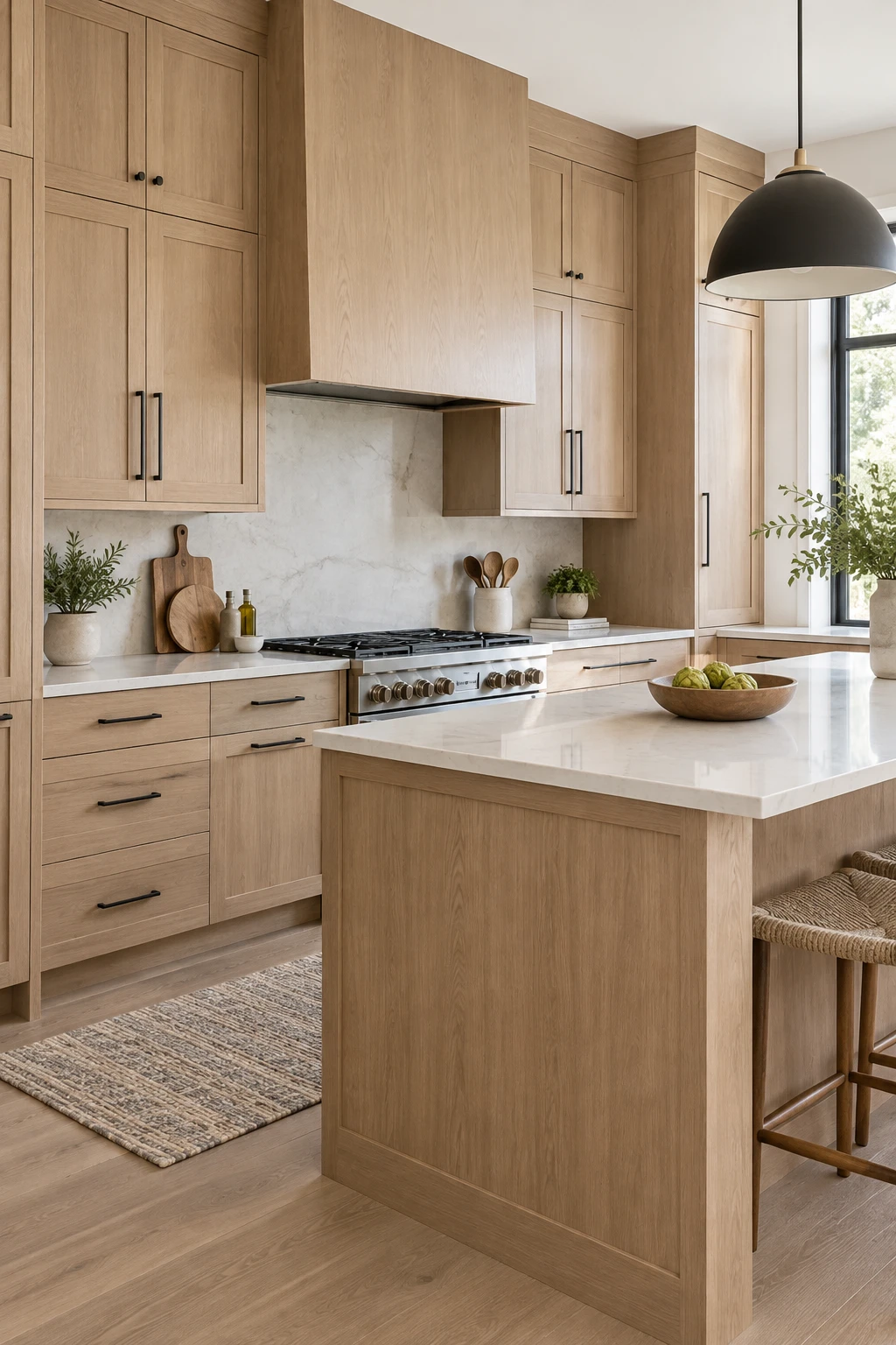 Illustrative kitchen with custom natural oak cabinetry and light stone counters
