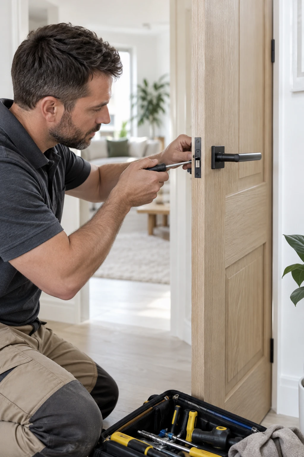 Illustrative home repair professional adjusting an interior door