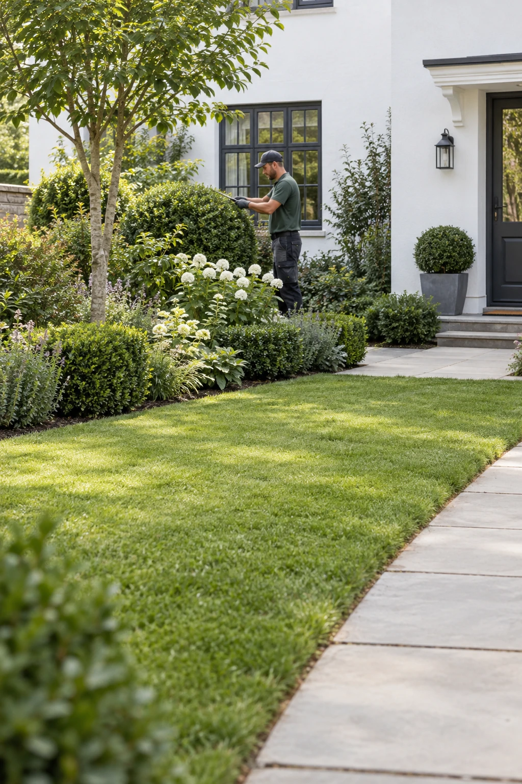 Illustrative gardener maintaining a neat residential lawn and planted borders