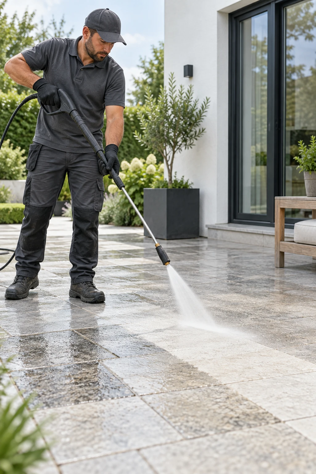 Illustrative professional pressure washing light stone patio paving