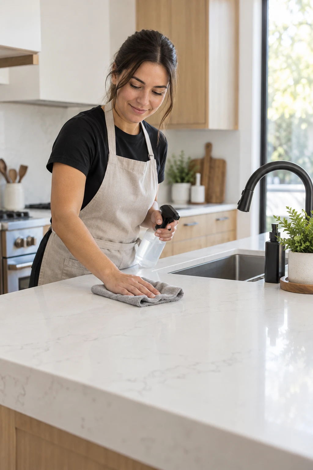 Illustrative professional cleaning a light kitchen countertop