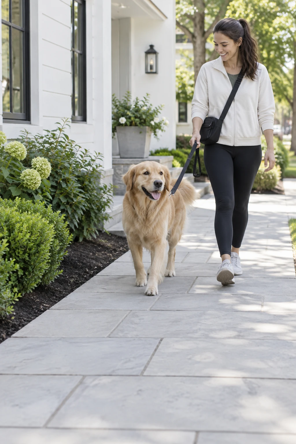 Illustrative golden retriever walking with a caregiver in a residential neighborhood
