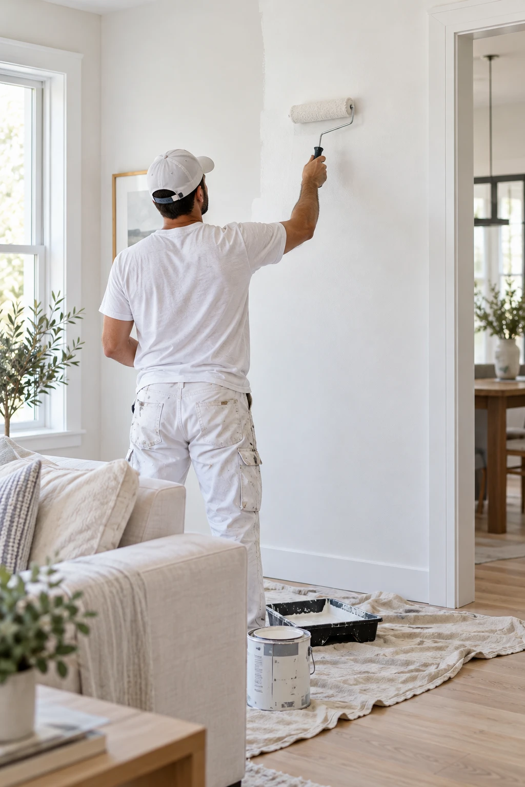 Illustrative painter applying a fresh white finish in a bright living room
