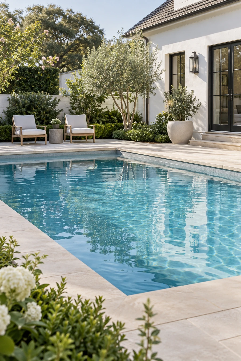 Illustrative residential pool with light stone edging and a landscaped garden
