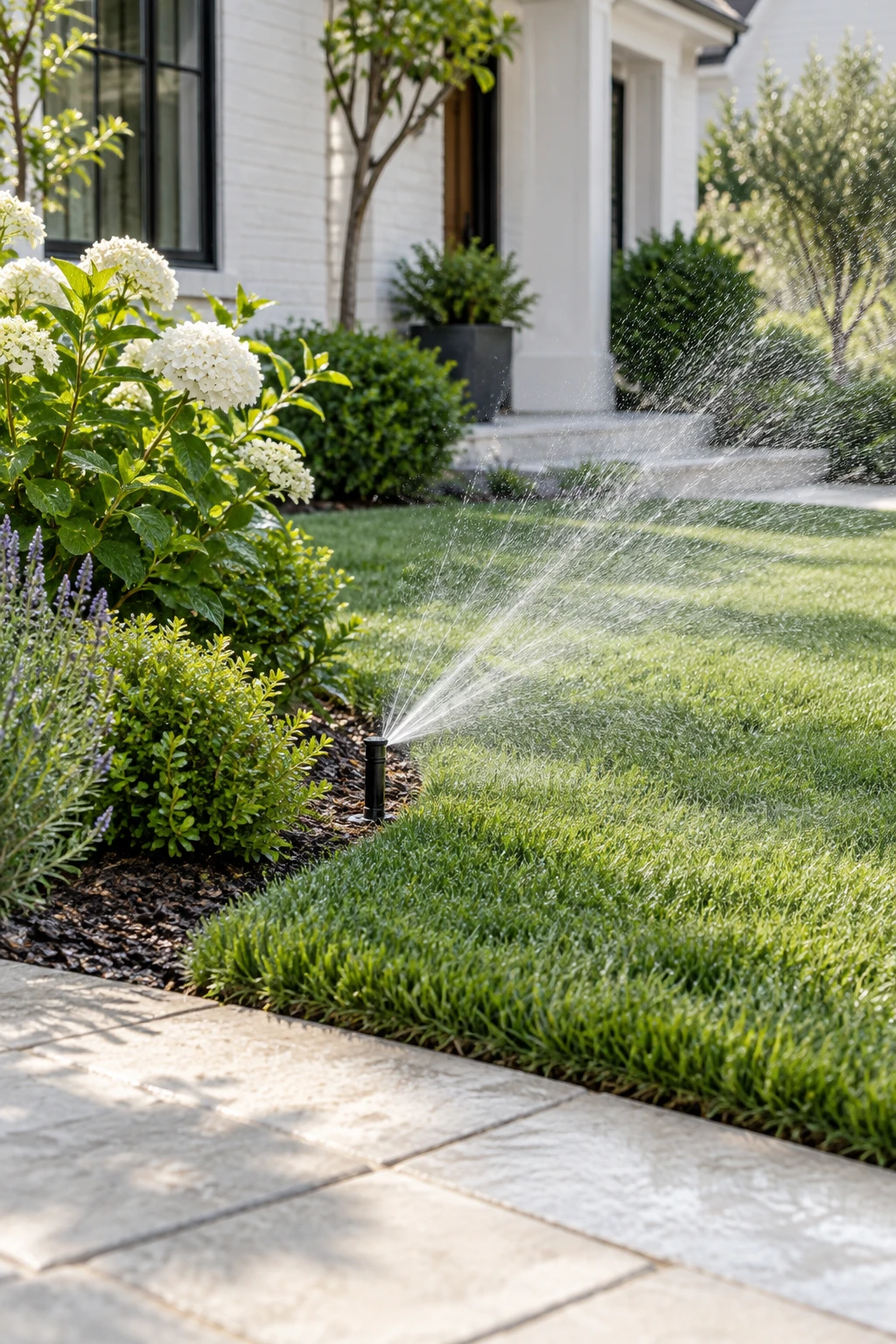 Illustrative sprinkler watering a tidy residential lawn beside a stone path