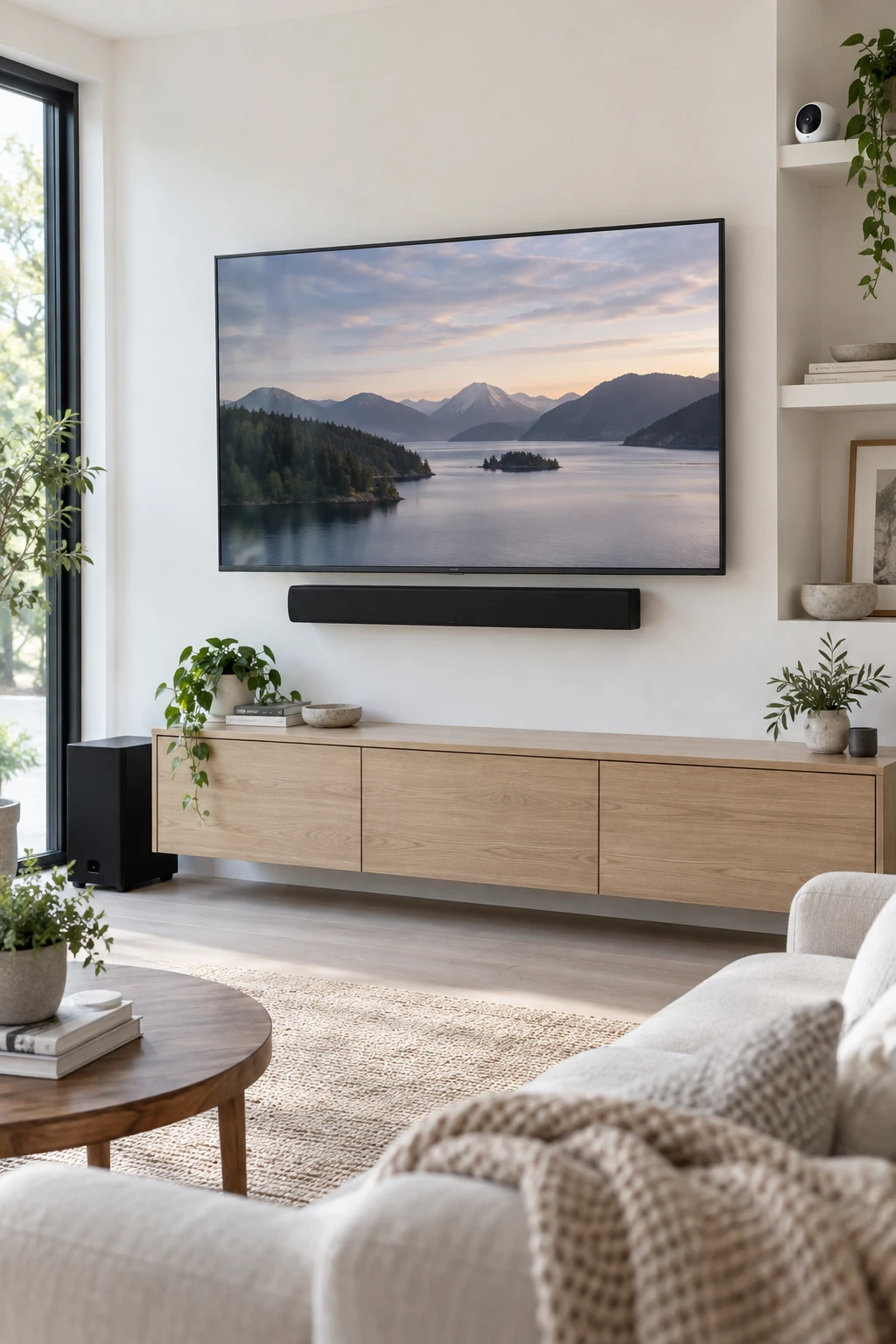 Illustrative living room with neatly installed television, audio and security equipment