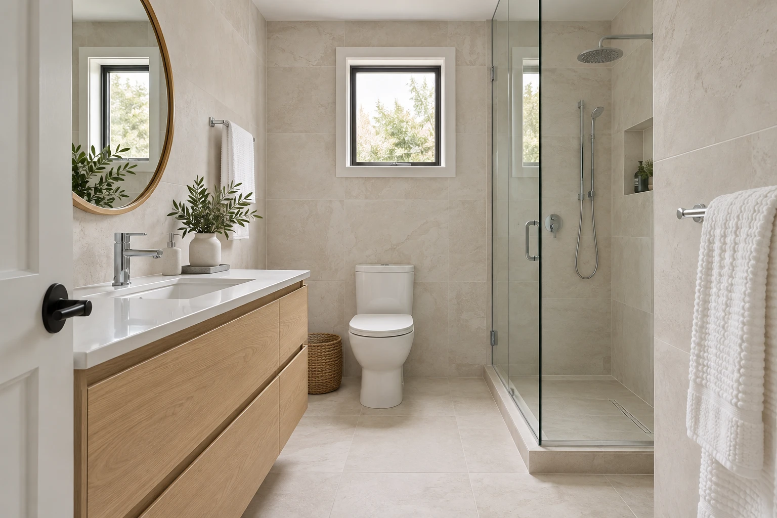 Sample bathroom with light stone tiles, an oak vanity, and a glass shower