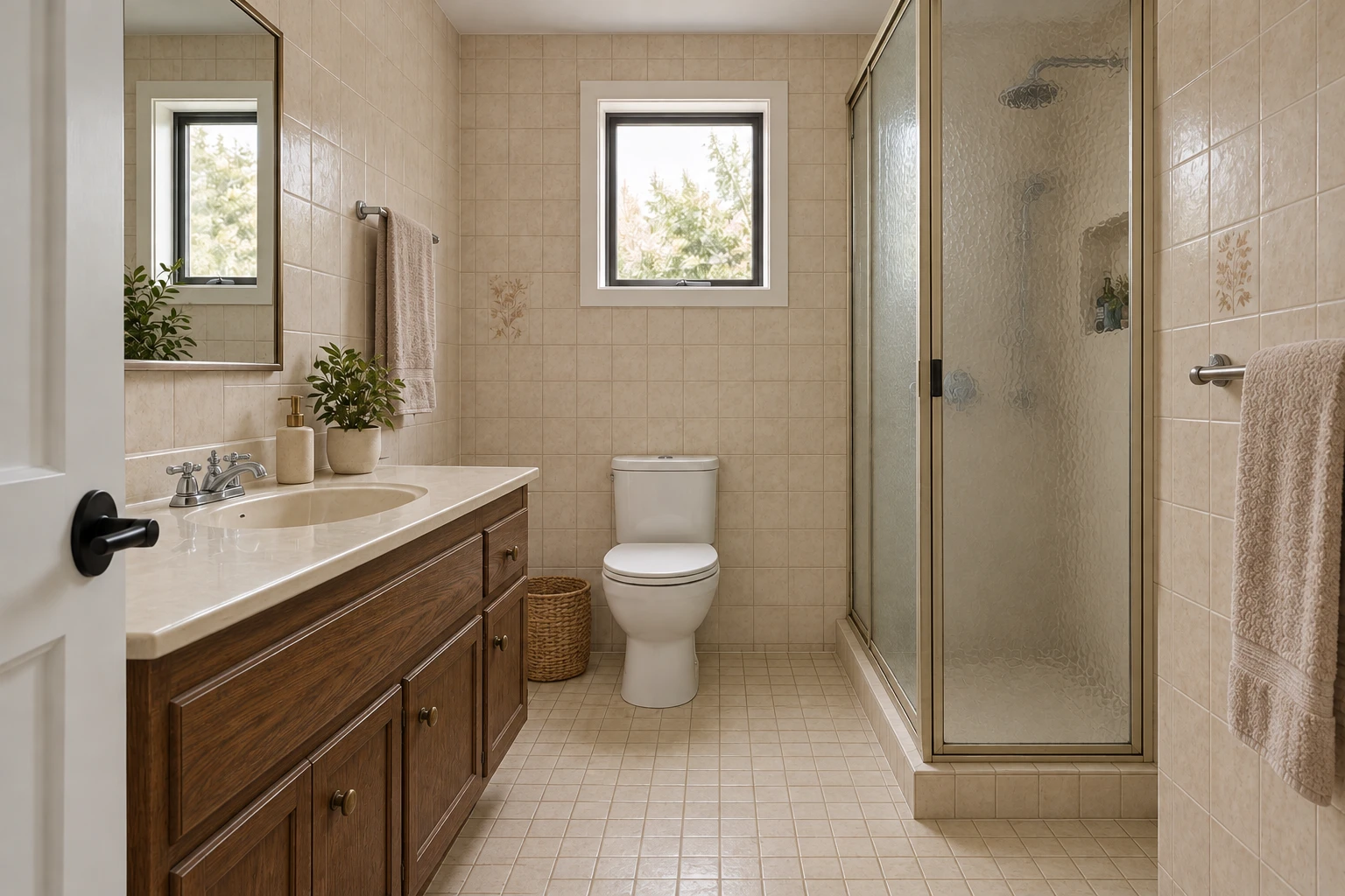 Before version of the sample bathroom, with small beige tiles and a dark vanity