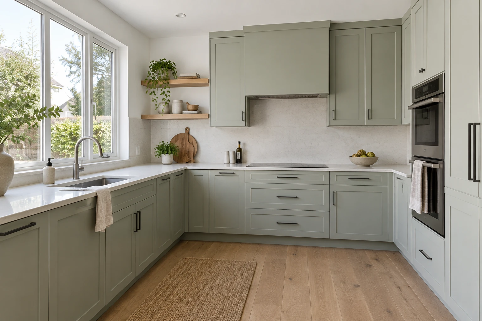 Sample kitchen with sage green cabinets and a light countertop
