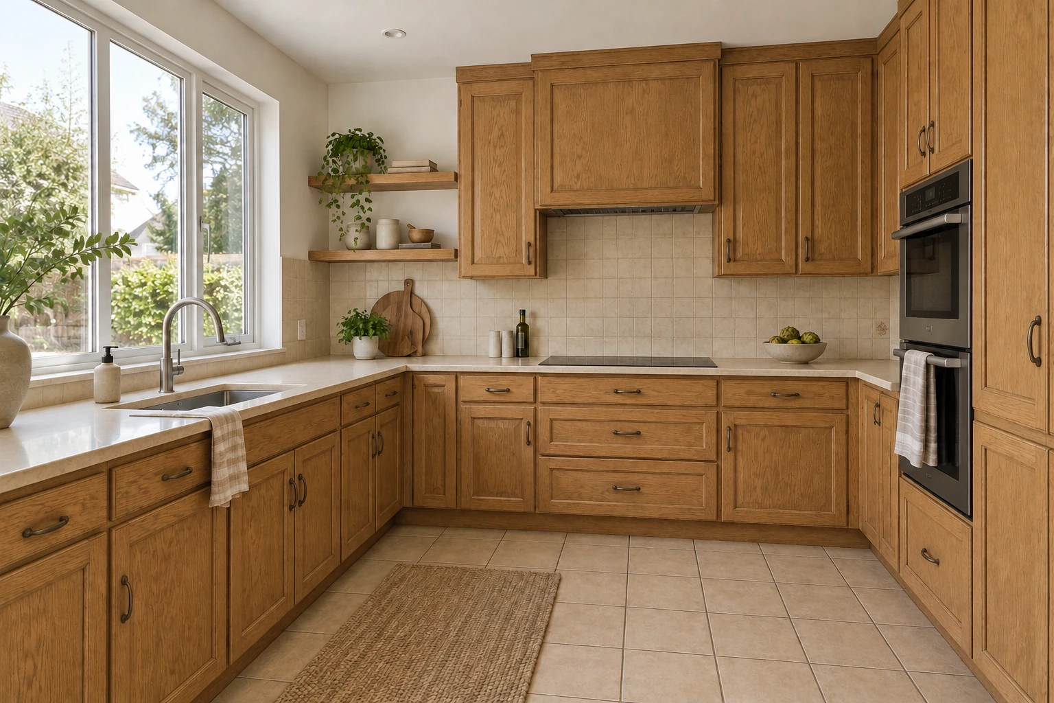 Before version of the sample kitchen, with dated wooden cabinets