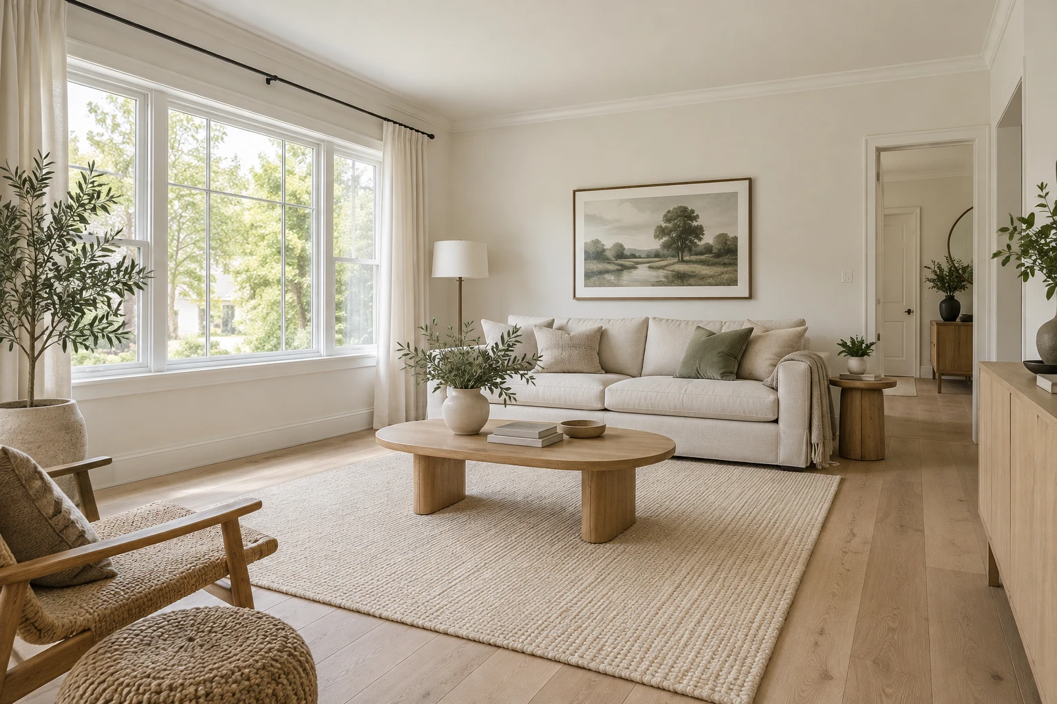 Sample living room with a linen sofa, oak flooring, and light walls