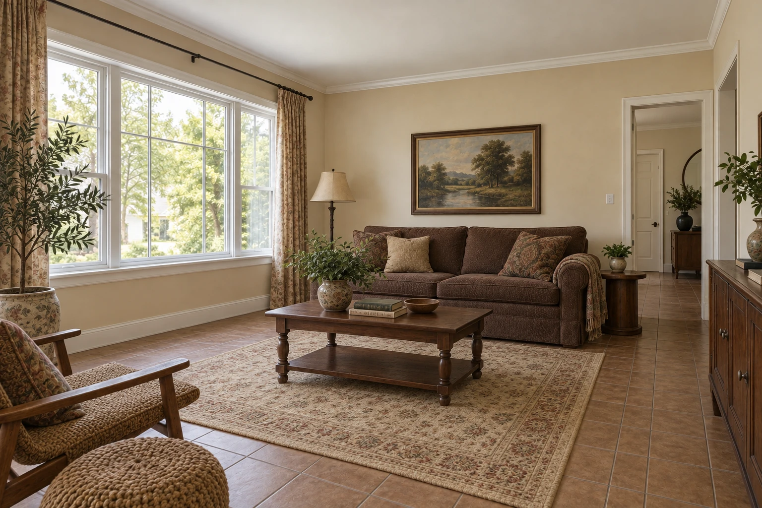 Before version of the sample living room, with tile flooring and a dark sofa
